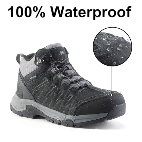 OUTJET Men's Waterproof Hiking Boots Lightweight Comfortable Leather Mid Ankle Outdoor Trekking Boot