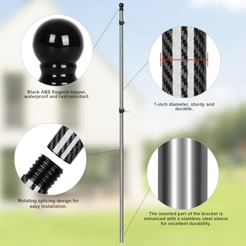 Msnaile 6FT Carbon Fiber Flag Pole, Flagpole for Outside House, Porch Flagpoles, Tangle Free Black Flag Pole Kit, Wind-Res...