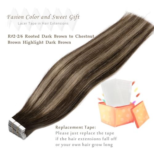 Lacer Human Hair Extensions Tape In Rooted Dark Brown To Chestnut Brown Highlight 16inch 100G Tape Ins Human Hair Extensions Seamless Skin Weft Hair Extension Tape In 100% Remy Human Hair 40pcs