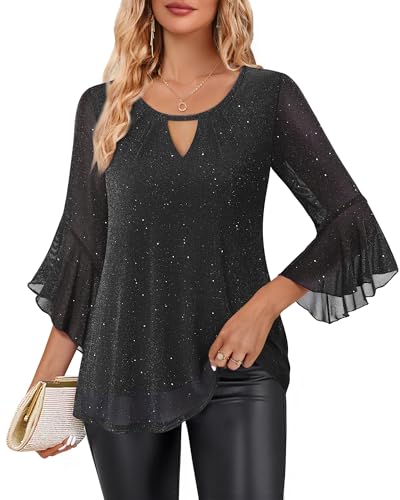 VALOLIA Womens Sparkly Tops Dressy Ruffle 3/4 Sleeve Blouses Glitter Cocktail Party Evening Shirts