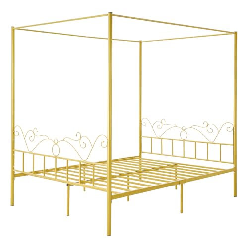 VEVOR Queen Size Canopy Bed Frame, Metal Canopy Bed with Minimalist Headboard & Four Posters Design, Heavy Duty Steel Slats Support, Underbed Storage Space, No Box Spring Needed, Easy Assembly, Gold
