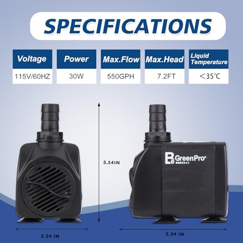 BeGreenPro 550GPH Submersible Water Pump(2000L/H 30W), Adjustable Ultra Quiet Fountain Pump with 4 Nozzles 7.2ft High Lift...