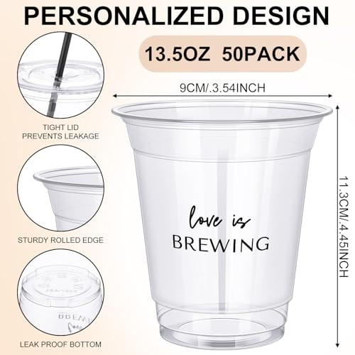 50 Set Love Is Brewing Bridal Shower Cup Disposable Wedding Coffee Cups Bulk Clear Plastic Drinking Iced Cup Wedding Coffe...