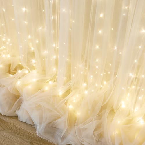 10ft x 10ft Champagne Tulle Backdrop Curtain with Lights String for Parties Wedding Bridal Shower Sheer Champagne Curtain ...