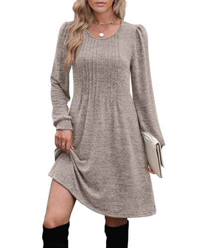 OFEEFAN Long Sleeve Dress for Women Pleated Crew Neck Casual Babydoll Sweater Dress with Pockets Fall Outfits Fashion