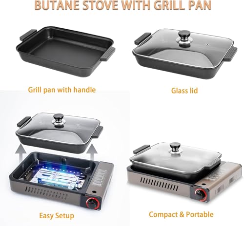 ONLYFIRE OUTDOOR LIVING Portable Propane Gas Stove with Grill Pan and Lid, Butane Camping Stove Instant Ignition for Patio...