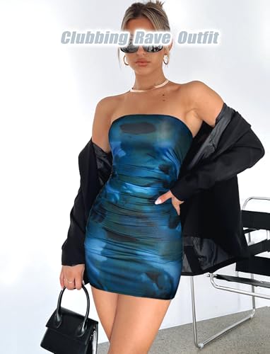OZICERD Summer Tube Mini Dresses for Women Trendy Y2k Ruched Going Out Club Rave Outfit Bodycon Short Bandeau Dress