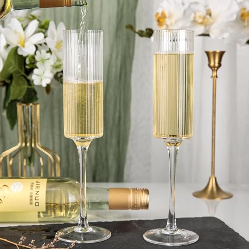 Ciaell Champagne Flutes Set of 4 - Vintage Ribbed Crystal Hand Blown Champagne Glasses With Long Stem - Elegant Sparkling ...