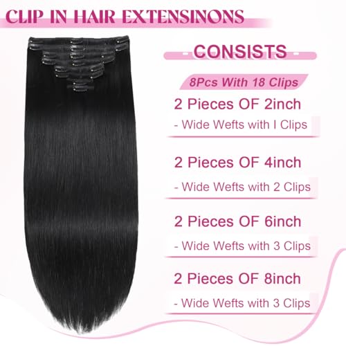Clip in Hair Extensions Real Human Hair, Remy Human Hair Extensions Clip ins for Women, 100% Natural Human Hair, Double Weftm, 22inch 110g 8Pcs, #1 Jet Black