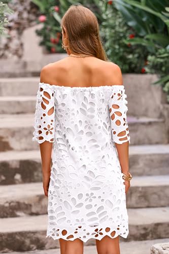 PRETTYGARDEN Women's Summer Off Shoulder Dresses Floral Lace Flare Short Sleeve Spring Vintage Elegant Mini Dress