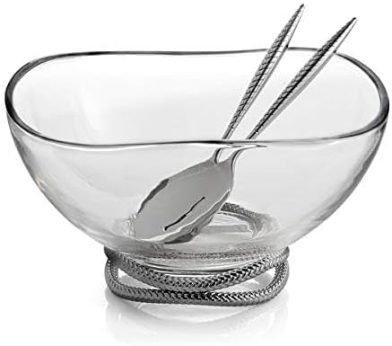 Nambe Braid 12" Glass Salad Bowl with Servers - Chrome Plated Decorative Serving Bowl with 10.5” Stainless Steel Spoons - Modern Dining Table Centerpiece - Ideal Gift for Weddings & Housewarming