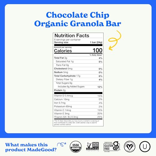MadeGood Chocolate Chip Granola Bars, 6 Healthy Snack Bars, 0.85 oz Each