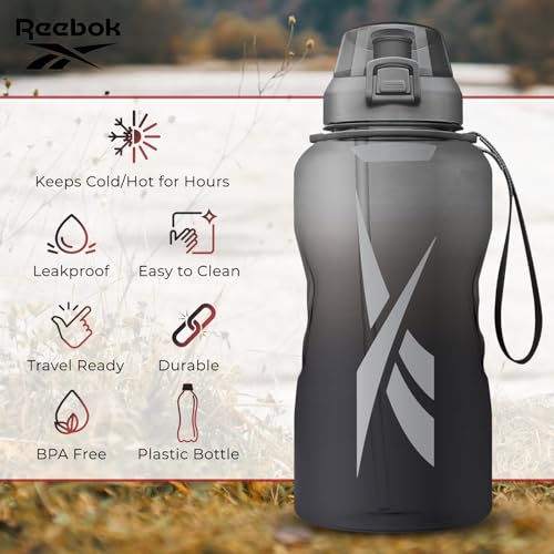 Reebok Premium Plastic Sports Water Bottle, BPA Free | Ideal for Camping, Sports, Gym and Outdoor Activities (64 oz, Gree...