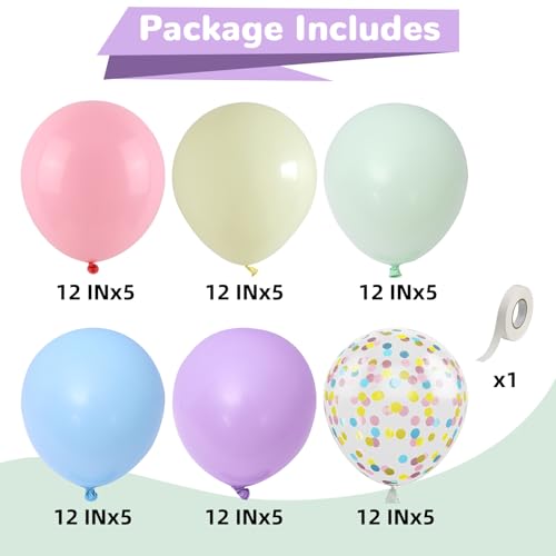 HILAVO Pastel Balloons 12 Inch Macaron Pink Blue Green Purple Yellow Pastel Rainbow Latex Balloon with Colorful Confetti P...