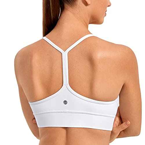 CRZ YOGA Butterluxe Womens Y-Back Racerback Sports Bra - Spaghetti Straps Wireless Scoop Neck Athletic Padded Yoga Tops White Medium