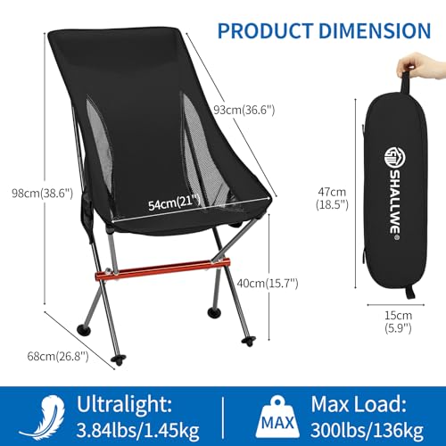 SHALLWE Camping Chairs, All Aluminum Frame Portable Folding Camp Chair for Adults, Heavy Duty High Back Collapsible with B...