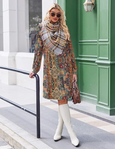 Zeagoo Fall Dresses for Women Long Sleeve Casual Pleated V Neck Dress 2025 A Line Tunic Dress