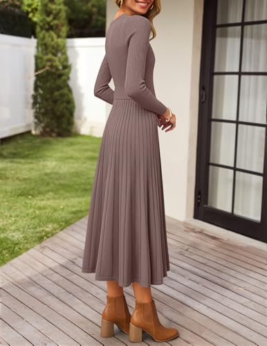 ZESICA Women's Long Sleeve Midi Sweater Dress 2026 Fall Crewneck Knit A Line Pleated Flowy Long Dresses with Belt