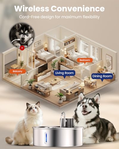 Wireless Dog Water Fountain for Large Dogs, 12L/3.2Gal Stainless Steel Dog Fountain Water Bowl with Sensor, Quiet Pump BP...
