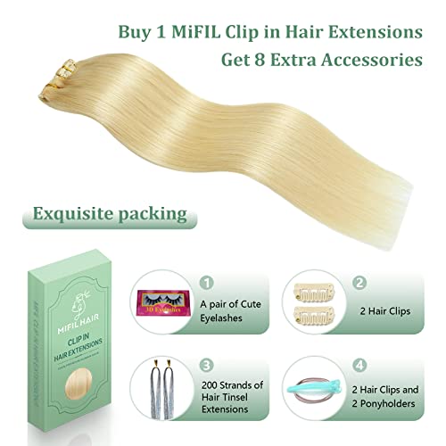 Hair Extensions Clip in Real Human Hair 14 inch Bleach Blonde Clip in Hair Extensions 105g Straight Thick Double Weft Natural Human Hair Extensions for Women (14inch,7pcs, 105g)