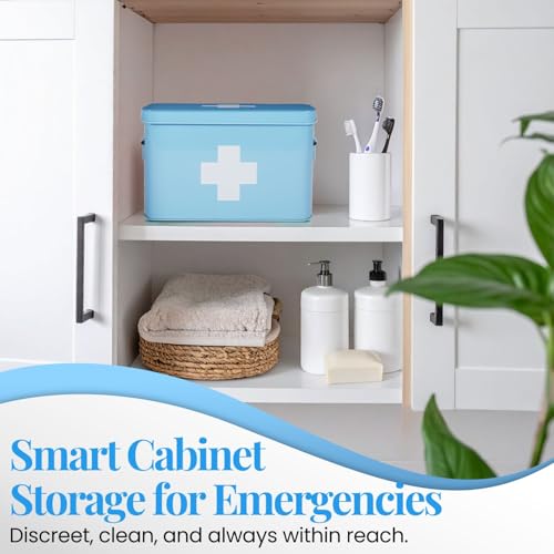 Flexzion First Aid Box Organizer Empty 13" Blue Vintage First Aid Kit Tin Metal Medical Box - First Aid Storage Box Contai...