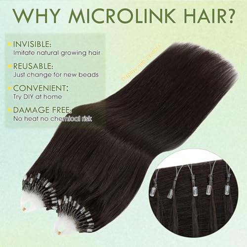 Hairro Microlinks Hair Extensions Human Hair Micro Loop Hairpieces Easy Pre Bonded Cold Fusion Keratin Stick Micro Bead Hair Extension For Women 24 inch 50g 100 Strands #1B Natural Black