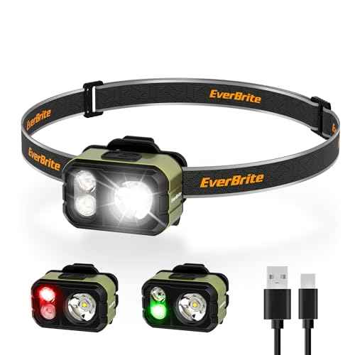 EverBrite 400 Lumens Rechargeable Headlamp, Only 1.59 OZ Ultra-Light with Hat Clip, IP67 Waterproof, White/Red/Green Light, 7 Modes for Camping, Running and Backpacking-Green