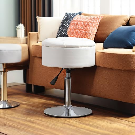 LUE BONA 360°Swivel Vanity Stool Chair for Makeup Room, Height Adjustable Stool for Vanity with Storage, Small White Faux Leather for Bathroom, Living Room