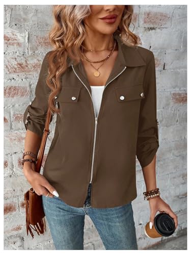 SOLY HUX Women's Zip Up Lightweight Jacket Collared Roll Up Long Sleeve Shirt Jacket Fall Casual Outerwear