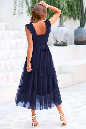 PRETTYGARDEN Women's Summer Tulle Midi Dress Sleeveless Smocked Ruffle Flowy Mesh Dresses Party Wedding Guest Sundress