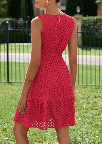 PRETTYGARDEN Women's Summer Dresses 2026 Sleeveless V Neck Eyelet Hollow Out Swing A Line Beach Vacation Sun Dress
