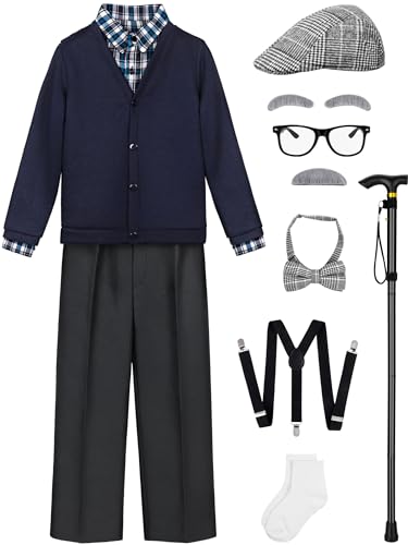 Gnodio 100 Days of School Costume for Boys Old Man Costume for Kids 100th Day of School Grandpa Dress up Outfit Accessories