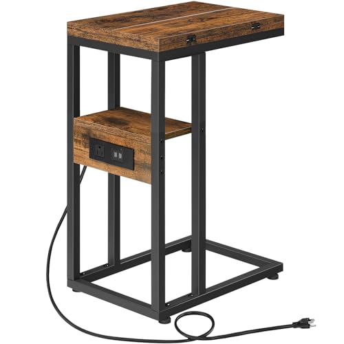 HOOBRO Foldable End Table, C Shaped Side Table with Charging Station, Sofa Couch Table That Slide Under for Living Room Be...
