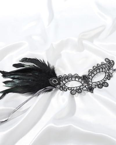 Zinniday Halloween Feather Masquerade Masks - 1920s 50s Antique Lace Venetian Mask for Women Renaissance Cosplay Party