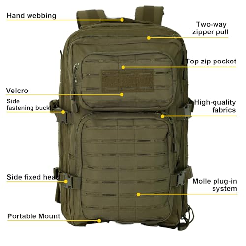 40L Tactical Backpack, Camouflage Military Bug Out Bag, Durable MOLLE Hiking Camping Gear (GREEN)
