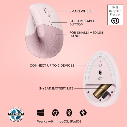 Logitech Lift Vertical Ergonomic Mouse, Wireless, Bluetooth or Logi Bolt USB Receiver, Quiet clicks, 4 Buttons, Compatible...