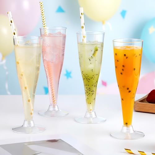 Remerry 200 Pcs Plastic Champagne Flutes 4.5 oz Clear Disposable Champagne Toasting Glass with Gold Paper Straws, Mimosa C...