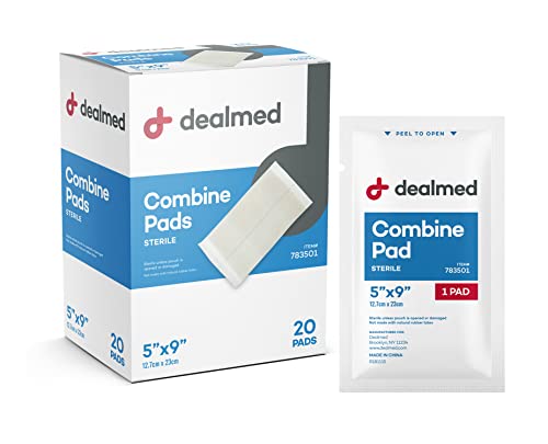 Dealmed Abdominal Combine Pads 5"x9" (20-Pack) Sterile Individually Wrapped, ABD Pads, Absorbent, Non Adherent for Wound C...