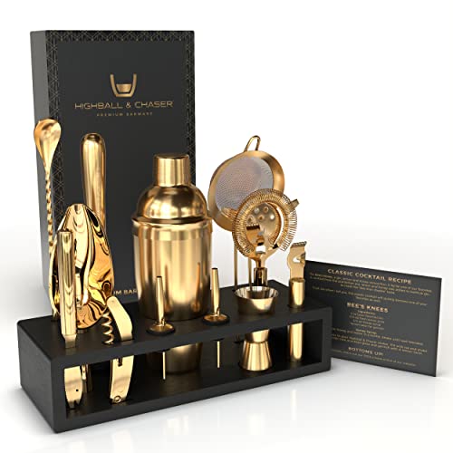 Highball & Chaser Bartender Kit with Espresso Bamboo Stand. Beautiful Cobbler Cocktail Shaker Set with Bar Tools Rustproof...