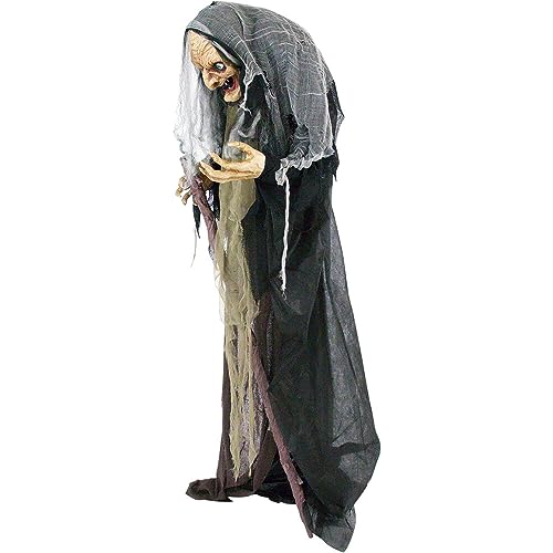Haunted Hill Farm Life-Size Scary Poseable Talking Witch, Halloween Animatronic with Touch Activated Lights and Sound, Battery Operated Indoor or Covered Outdoor Halloween Decorations, Halloween Prop