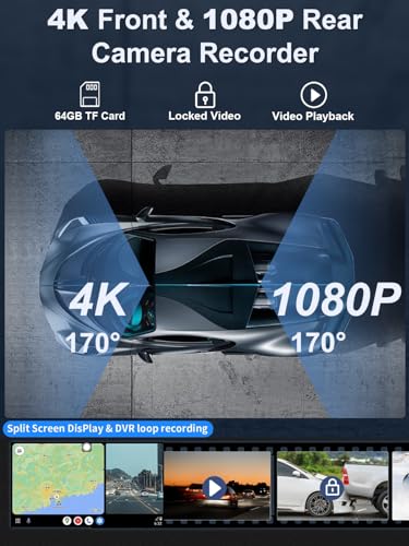 KLZHP001 Carplay Screen for Car, 10.26'' HD IPS Apple Carplay & Android Auto Screen, 4K Dash Cam, 1080P Rear Camera, Wirel...