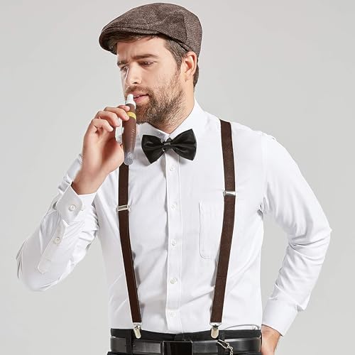 FEYIR 1920s Mens Costume Accessories Fedora Hat Pocket Watch Suspenders Bow Tie Gatsby Cosplay Roaring 20s Outfit for Men
