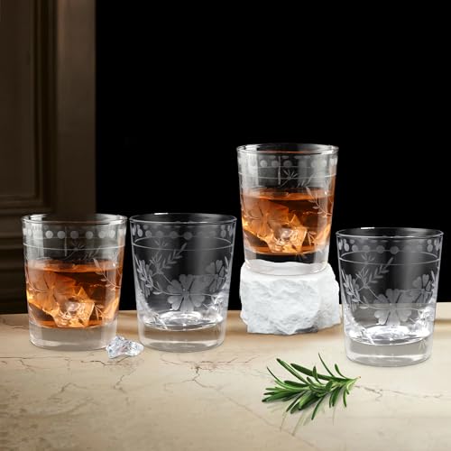 Joeyan Hand Blown Etched Drinking Glasses,Clear Water Glass Cups with Floral Pattern,Aesthetic Tumblers Glassware Set for ...