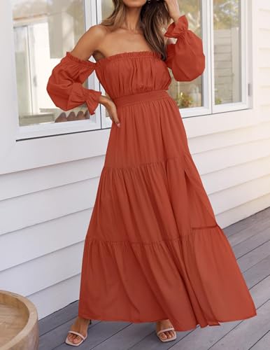 ZESICA Women's 2026 Boho Sexy Off Shoulder Long Sleeve Smocked High Waist Side Split Flowy A Line Tiered Long Maxi Dress