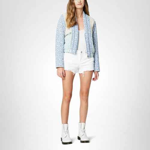 [BLANKNYC] Womens Luxury Clothing Patch Work Floral Denim Jacket, Comfortable & Stylish Coat, Summer Romance, Large
