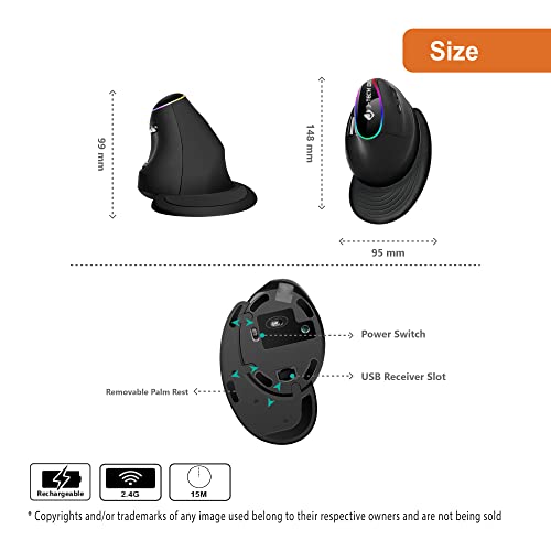 J-Tech Digital Ergonomic Mouse with Wireless Connection, Removable Palm Rest, Thumb Buttons, Rechargeable Battery, 800 DP...