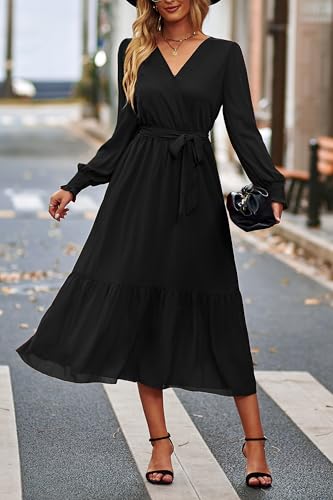 PRETTYGARDEN Women's Floral Boho Dress Fall Long Sleeve Wrap V Neck Ruffle Flowy Maxi Spring Wedding Guest Vacation Dresses