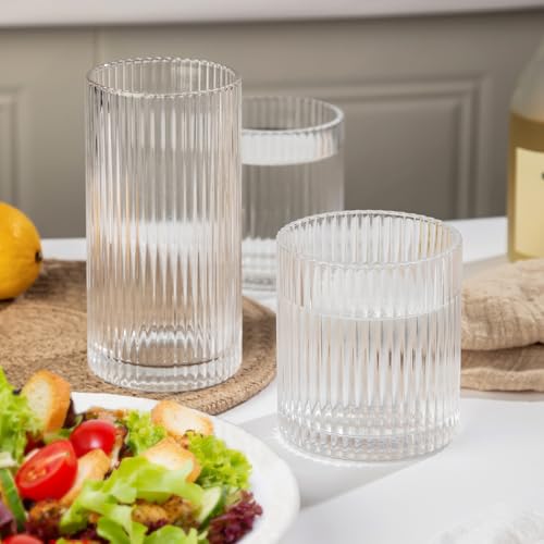Lumkit Ribbed Drinking Glasses 8pcs, 12oz and 10oz Glassware, Tumbler Glasses Cup Set for Wedding, Party, Christmas Gift, ...