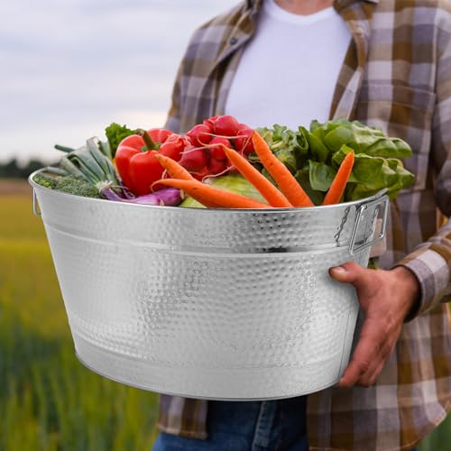 Uiifan 2 Pcs 24 Quart 6 Gallon Hammered Stainless Steel Beverage Tub Heavy Duty Oval Metal Large Ice Bucket for Drinks Buc...