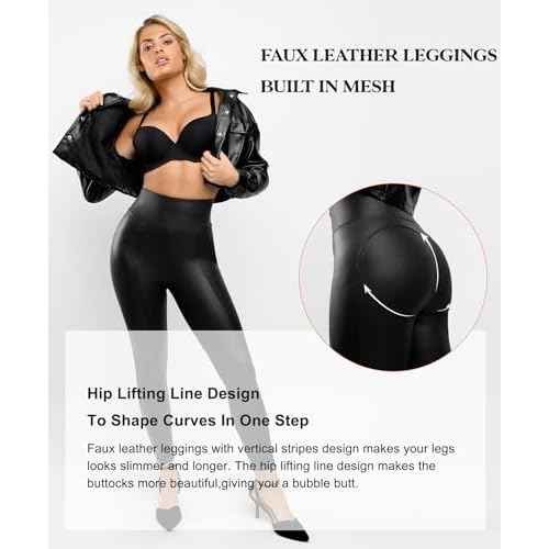 Popilush Shapewear Leggings Leather Pants - Faux Leather Leggings for Women Tummy Control Hight Waisted Pleather Pants